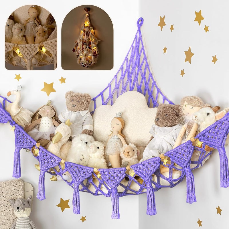 TIDYTEDS Macrame DreamLights Boho Stuffed Animal Storage Net Hammock Extra Large Plush Toy Storage Holder For Small Or Large Plushies PURPLE (Purple) - Image 1